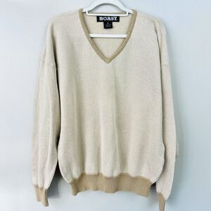 Vintage Boast Cream Beige Waffleknit V Neck Preppy Heritage Sweater Canadian XL